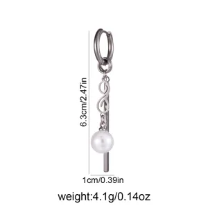 Stainless steel long pearl drop earrings with geometric infinity charm and hoop design.