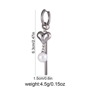 Stainless steel geometric heart pearl dangle earrings, elegant modern jewelry with 6.3cm height.