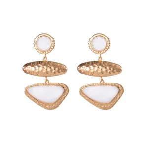 European retro geometric drop earrings with white enamel metal design, elegant chic jewelry for women.