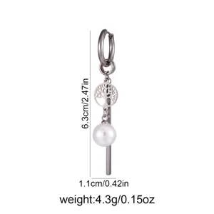 Stainless steel geometric pearl earrings with tree pendant, 6.3cm length, elegant jewelry.