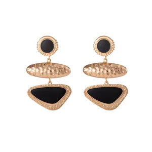 Retro geometric gold earrings with black drop oil enamel dangle long earrings for women
