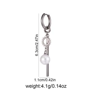 Stainless steel sun pearl drop earring, geometric hoop fashion jewelry product detail view.