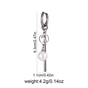 Stainless steel geometric pearl drop earrings with dimension and weight specs for daily wear.