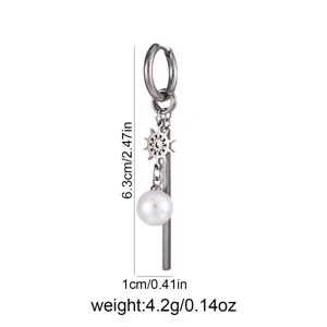 Stainless steel geometric snowflake pearl drop earrings with clear dimension and weight specs.
