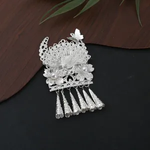Exquisite Chinese style silver hair pin butterfly pearl tassel pendant detail view accessory