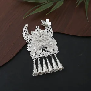Traditional Miao style silver metal fridge magnet with pearl and long tassel pendant decor.