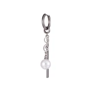 Stainless steel hoop dangling pearl earring with geometric charm, elegant fashion jewelry.