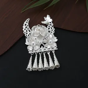 Miao silver ethnic style DIY accessory detail showcasing intricate filigree metalwork and pearls.