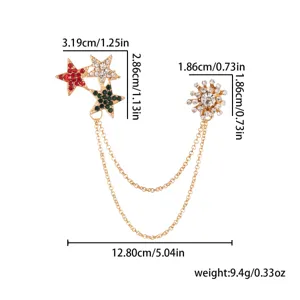 Rhinestone star and snowflake chain brooch detail view with exact size and weight info.