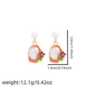 French vintage Monet garden style baroque pearl drop earrings with elegant enamel floral design.