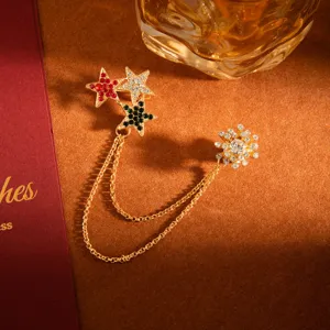 European American style fashion women's crystal snowflake pentagram chain brooch pin