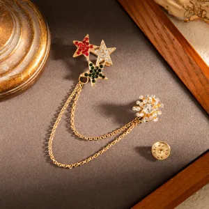Exquisite crystal star chain brooch detail shot, elegant gold alloy suit lapel badge accessory.