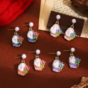 French vintage baroque pearl enamel flower drop earrings, elegant monet garden style jewelry.