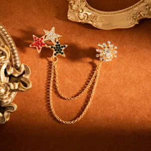 British Vintage Alloy Rhinestone Snowflake Star Chain Brooch Crystal Suit Pin Fashion Jewelry Accessory For Women