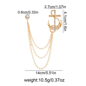 Gold rhinestone anchor brooch with multi-layer tassel chains and detail size dimensions.