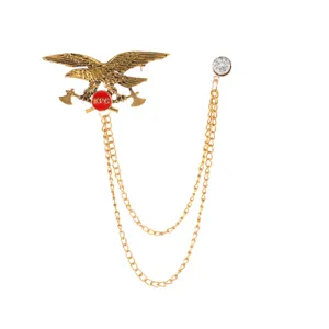 Vintage eagle brooch with double chain tassel and crystal accent detail for fashion wear.