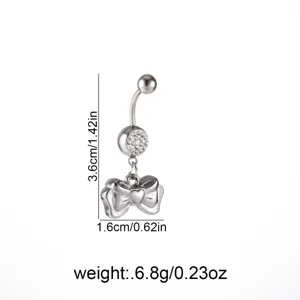 Piercing αφαλού από ανοξείδωτο ατσάλι με φιόγκο και στρας, μέγεθος 3,6x1,6cm, βάρος 6,8g.