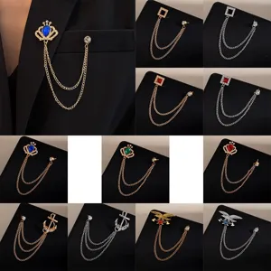 Luxury Zinc Alloy Rhinestone Brooch For Men Women Vintage Crown Eagle Anchor Tassel Chain Lapel Pin For Suit Party Fashion Jewelry