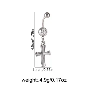 Piercing αφρούλης από ανοξείδωτο ατσάλι με σταυρό, κρύσταλλα και μήκος 4.5cm.