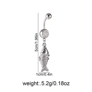 Ανοξείδωτο piercing αφαλού από ανοξείδωτο ατσάλι με κρεμαστό ψάρι, κόσμημα σώματος 5cm.