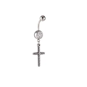 Ανοξείδωτο piercing αφαλού με λαμπερή μπάλα στρασ και κρεμαστό σταυρό σε λεπτομέρεια
