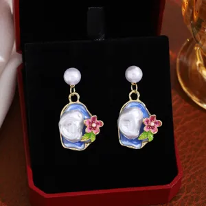 French retro Monet garden enamel earrings featuring baroque pearls and pink flowers for elegance.
