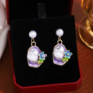 French vintage baroque pearl enamel earrings, exquisite flower pendant, gold-plated jewelry.