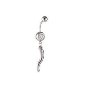 Ανοξείδωτο piercing αφαλού με λαμπερή στρασ μπάλα και κομψό καμπύλο κρεμαστό κόσμημα σώματος.