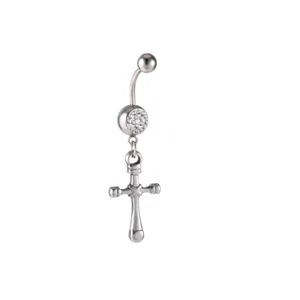 Ανοξείδωτο piercing κοιλιάς με vintage σταυρό και κρεμαστό δίσκο με στρασς.