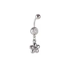 Piercing αφαλού από ανοξείδωτο ατσάλι με κρεμαστό λουλούδι κρυστάλλου, ασημί κόσμημα.