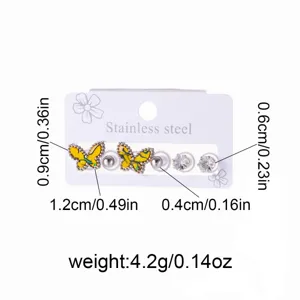 Stainless steel butterfly earring set, chic rhinestone and pearl design, fashion jewelry.