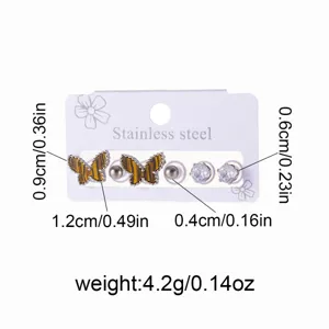 Stainless steel butterfly pearl rhinestone stud earrings set, minimalist chic jewelry.