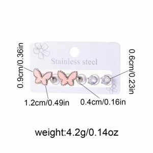 Stainless steel pink butterfly rhinestone earring set detailed size and dimension display