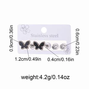 Stainless steel butterfly and crystal stud earrings set, detailed size view and features.