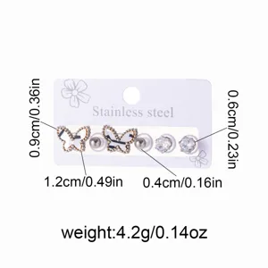 Stainless steel butterfly pearl and crystal stud earrings set elegant fashion jewelry 4.2g