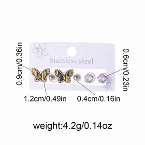 Stainless steel butterfly stud earrings set with cubic zirconia and round beads for women.