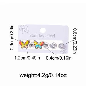Stainless steel butterfly and crystal stud earrings set with detailed dimension guide