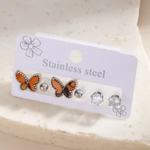 Stainless steel butterfly stud earrings set with sparkling crystals for daily fashion