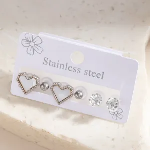 Stainless steel heart crystal stud earrings set for women fashion minimalist daily jewelry