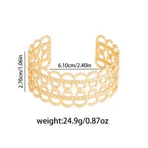 Gold openwork geometric metal cuff bracelet, vintage wide statement bracelet for women.