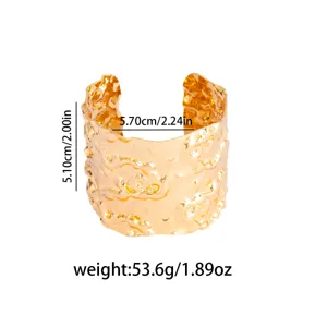 Detailed view of the wide gold hammered open cuff bracelet, showing dimensions and weight specs.