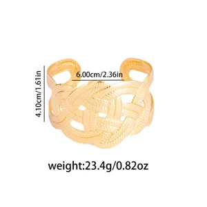 Gold woven open cuff bracelet detailed size and weight view, vintage metal chunky design.