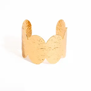 Gold wide hammered cuff bracelet detail, unique scalloped geometric open wristband jewelry.