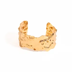 Gold irregular metallic open cuff bracelet, vintage wide geometric statement wristband.