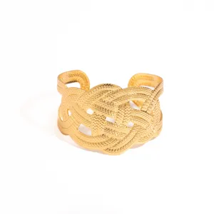 Exquisite wide gold woven cuff bracelet, vintage metal geometric open bangle for women.