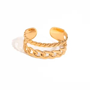 Gold double layer chain open cuff bracelet, vintage metal geometric chunky wrist jewelry.