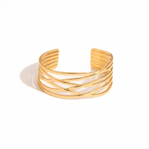 Gold multi strand open cuff bracelet, geometric layered metal hand jewelry for women