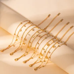 Minimalist Stainless Steel Double Layer Rhinestone Geometric Pendant Chain Bracelet Gold Fashion Women Jewelry