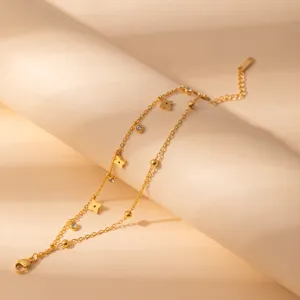 Elegant double layer gold bracelet with flower charms and sparkling zircon stones for women.