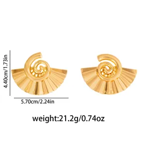 Gold geometric fan earrings, vintage metal statement ear studs, stylish daily jewelry.